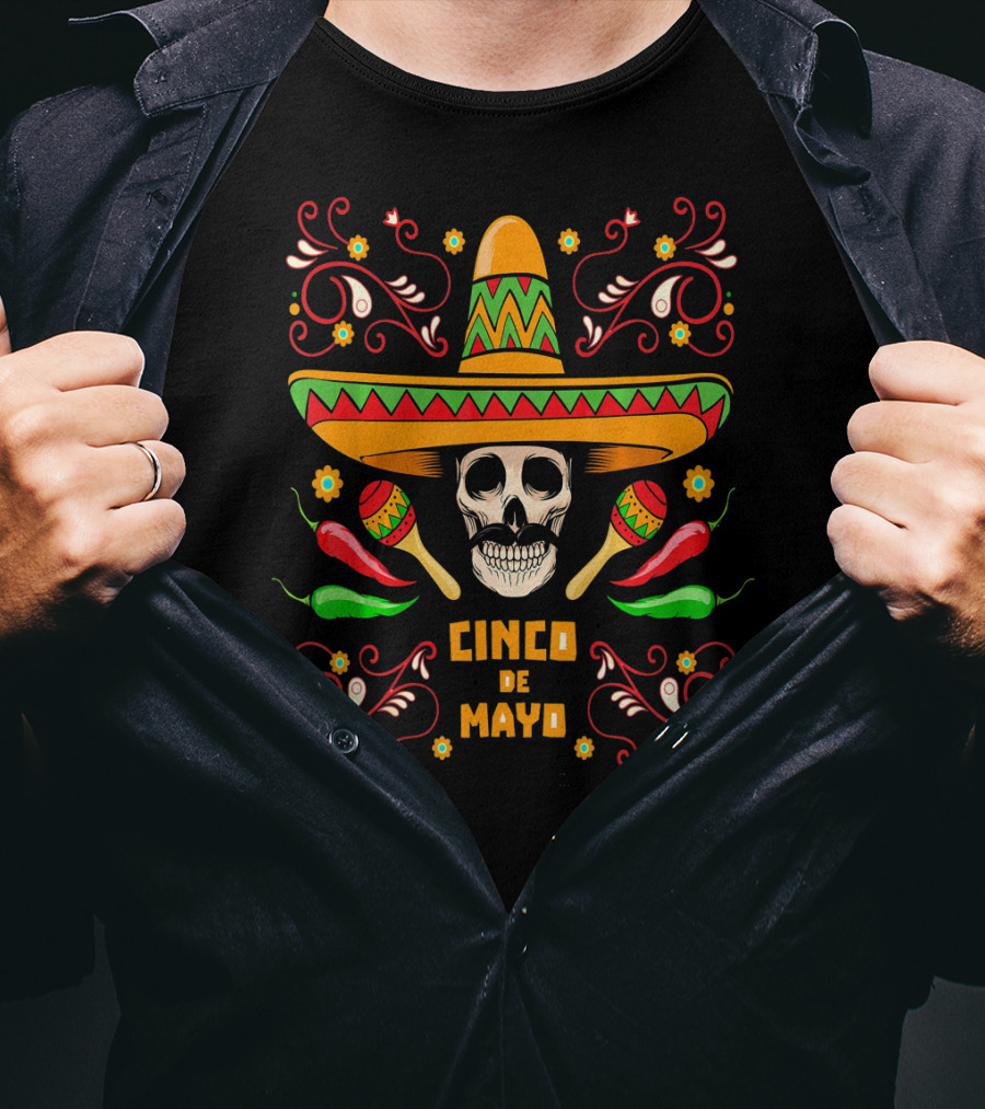 Cinco De Mayo Skull With Sombrero Maracas And Peppers T-Shirt