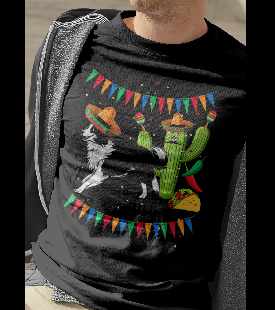 Sombrero Border Collie Dog Cactus Taco Mexico Cinco T-Shirt
