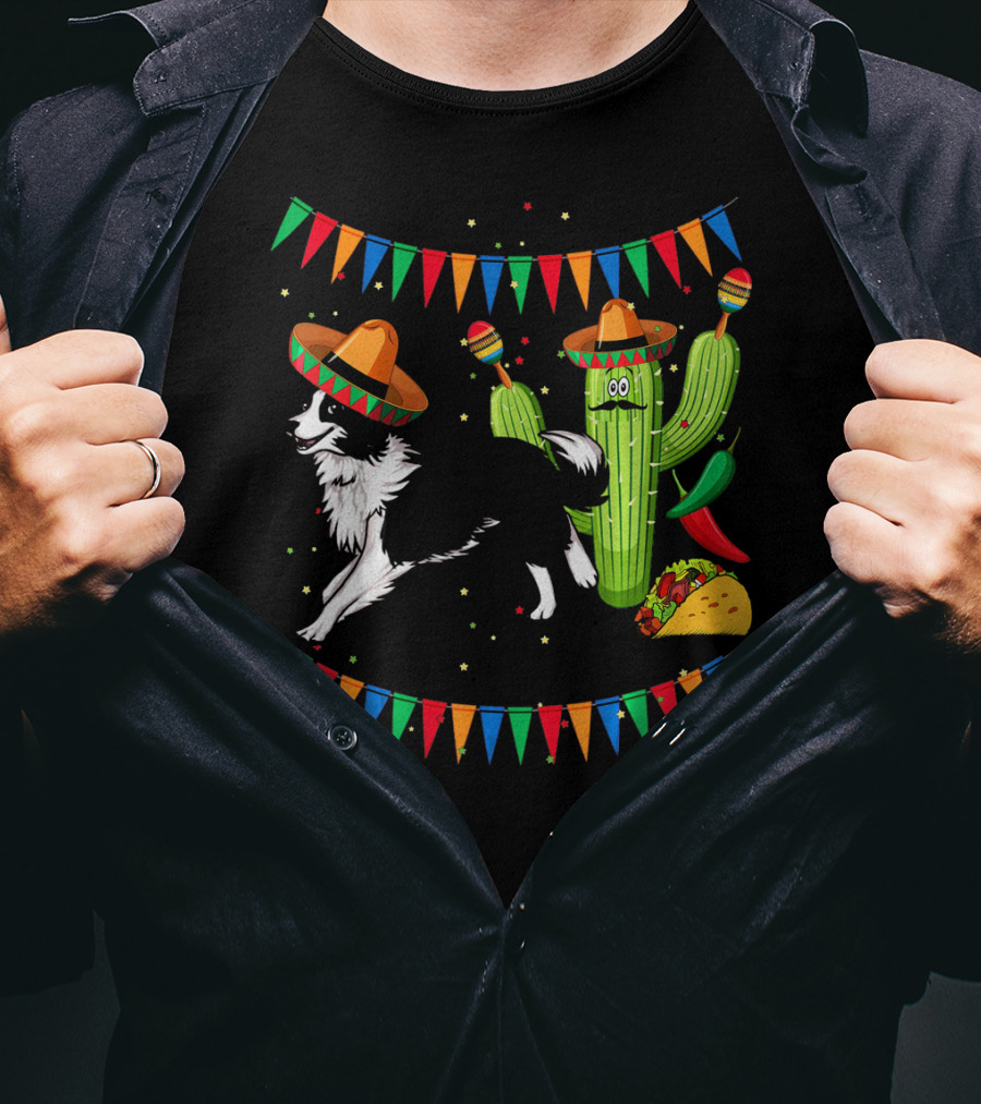 Sombrero Border Collie Dog Cactus Taco Mexico Cinco T-Shirt