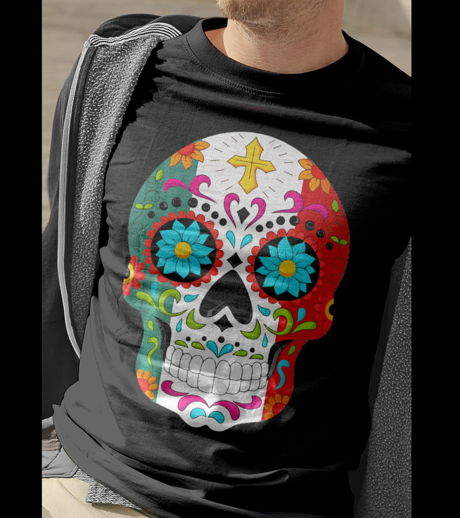 Day Of The Dead Sugar Skull Cinco De Mayo Mexican Flag Colors T-Shirt