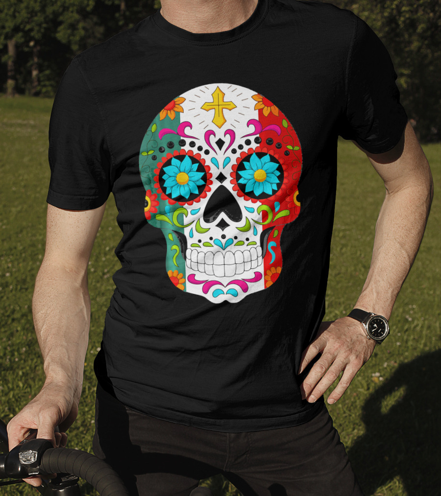 Day Of The Dead Sugar Skull Cinco De Mayo Mexican Flag Colors T-Shirt