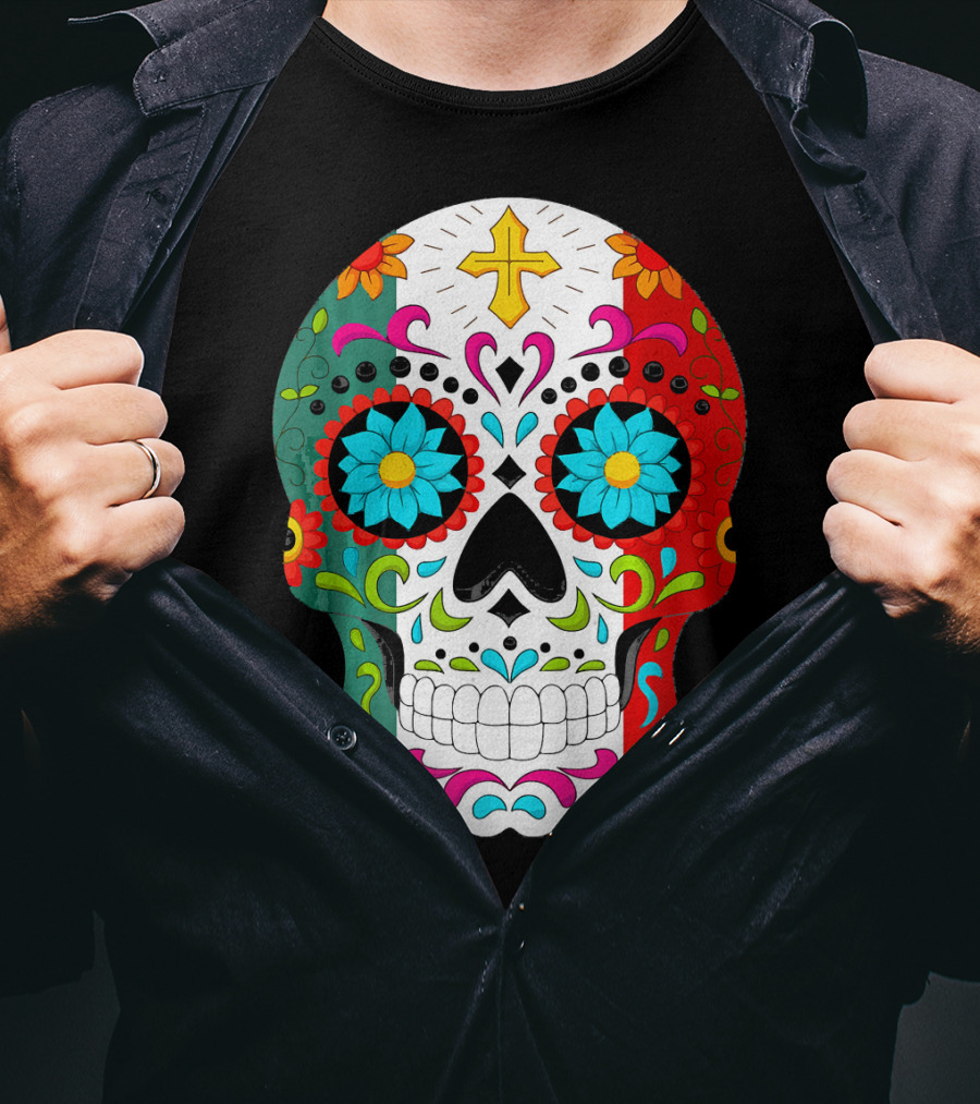 Day Of The Dead Sugar Skull Cinco De Mayo Mexican Flag Colors T-Shirt