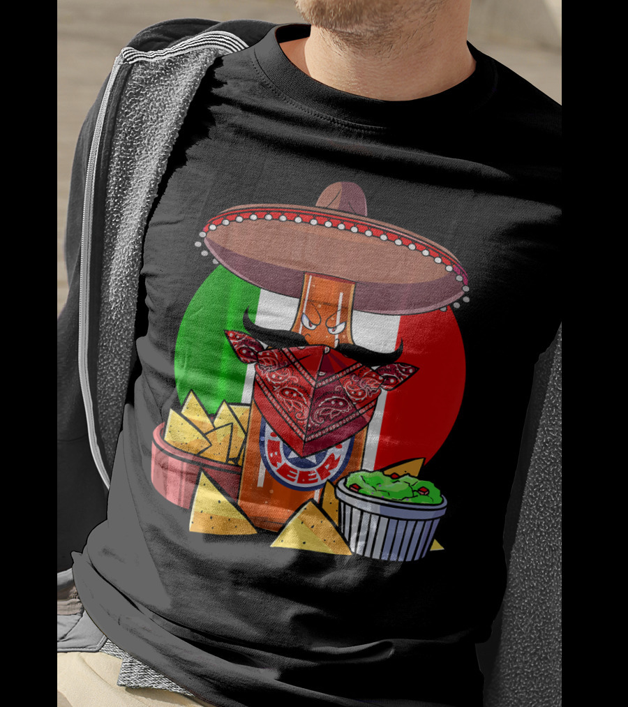 Funny Cinco De Mayo Beer Bottle With Sombrero And Guacamole Fiesta Napkin Bandana T-Shirt