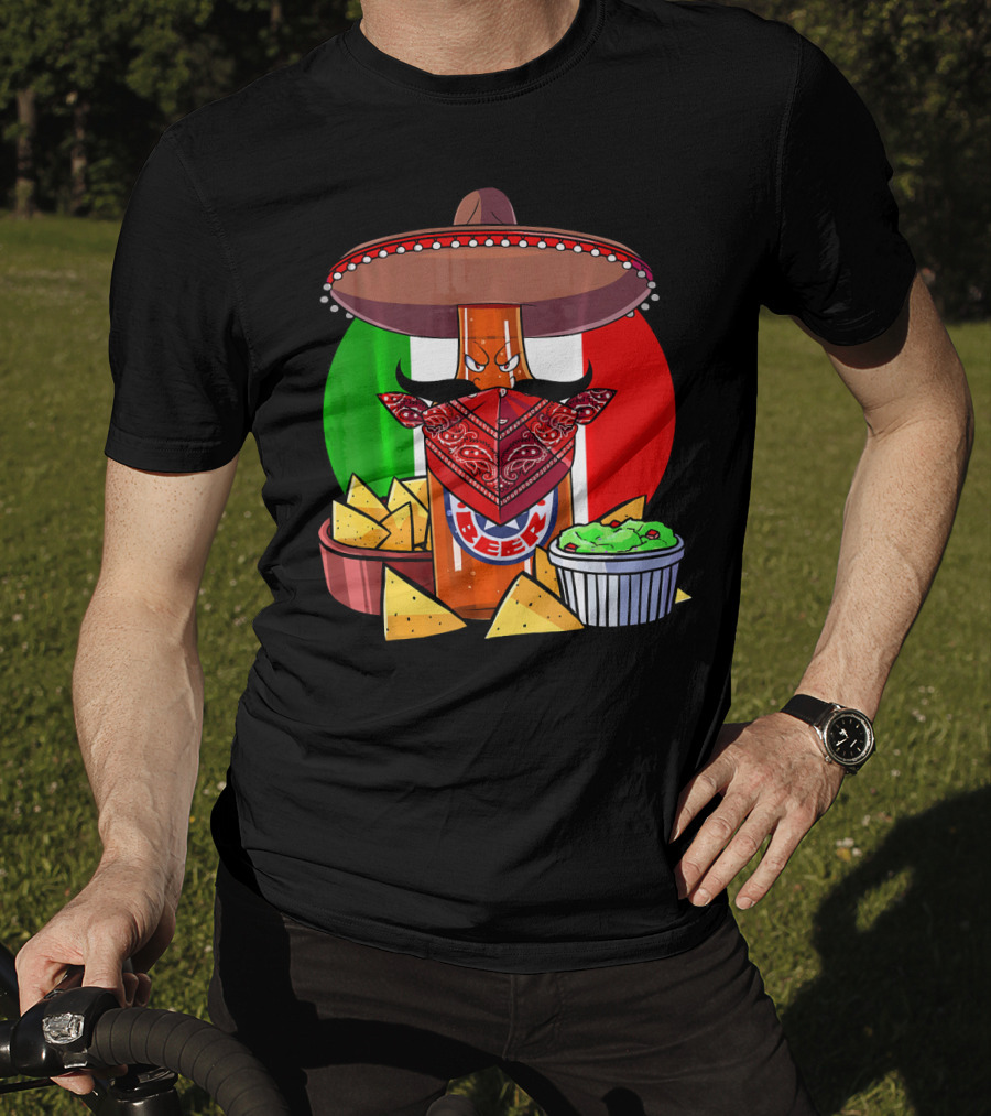 Funny Cinco De Mayo Beer Bottle With Sombrero And Guacamole Fiesta Napkin Bandana T-Shirt