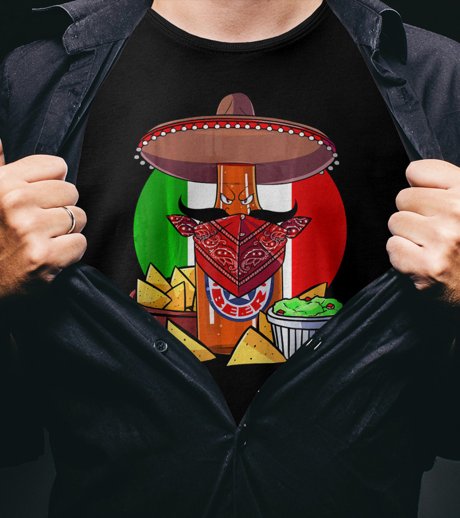 Funny Cinco De Mayo Beer Bottle With Sombrero And Guacamole Fiesta Napkin Bandana T-Shirt