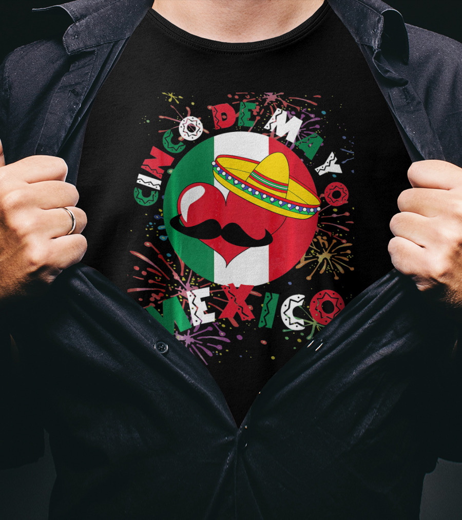 Cinco De Mayo Mexico Celebration Heart Sombrero Fireworks T-Shirt