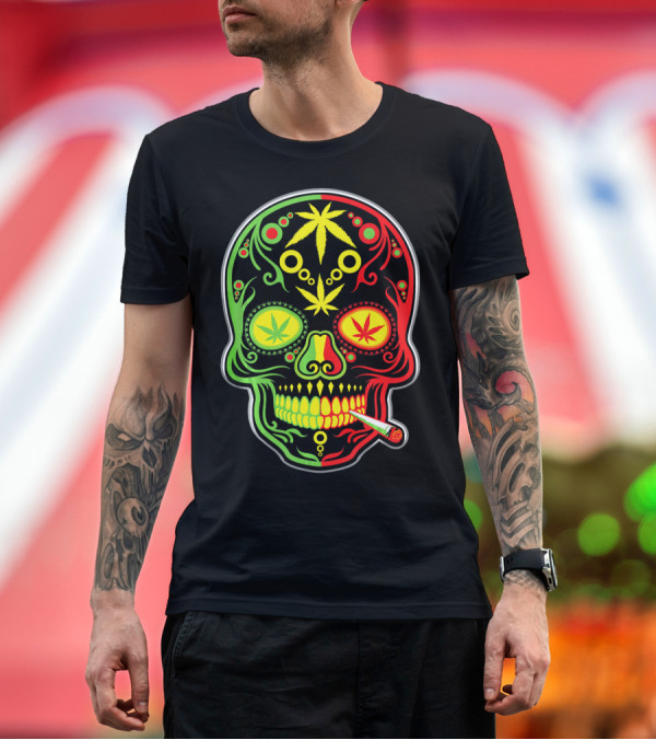 Premium T-Shirt: Weed Sugar Skull Marijuana Canna Rasta Colors T-Shirt Weed Sugar Skull Marijuana Canna Rasta Colors T-Shirt