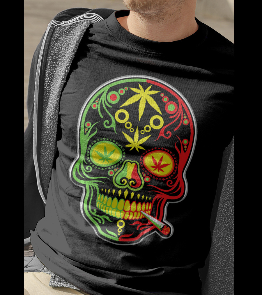 Weed Sugar Skull Marijuana Canna Rasta Colors T-Shirt