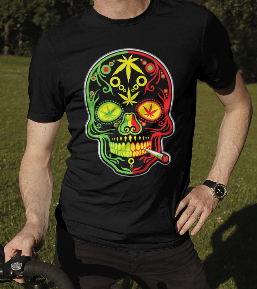 Weed Sugar Skull Marijuana Canna Rasta Colors T-Shirt