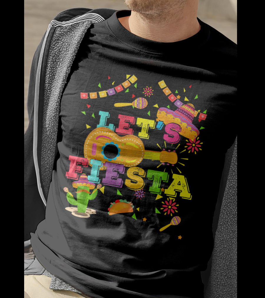 Let's Fiesta Cinco De Mayo Mexican Celebration Guitar Sombrero Maracas Taco Cactus Decorations T-Shirt