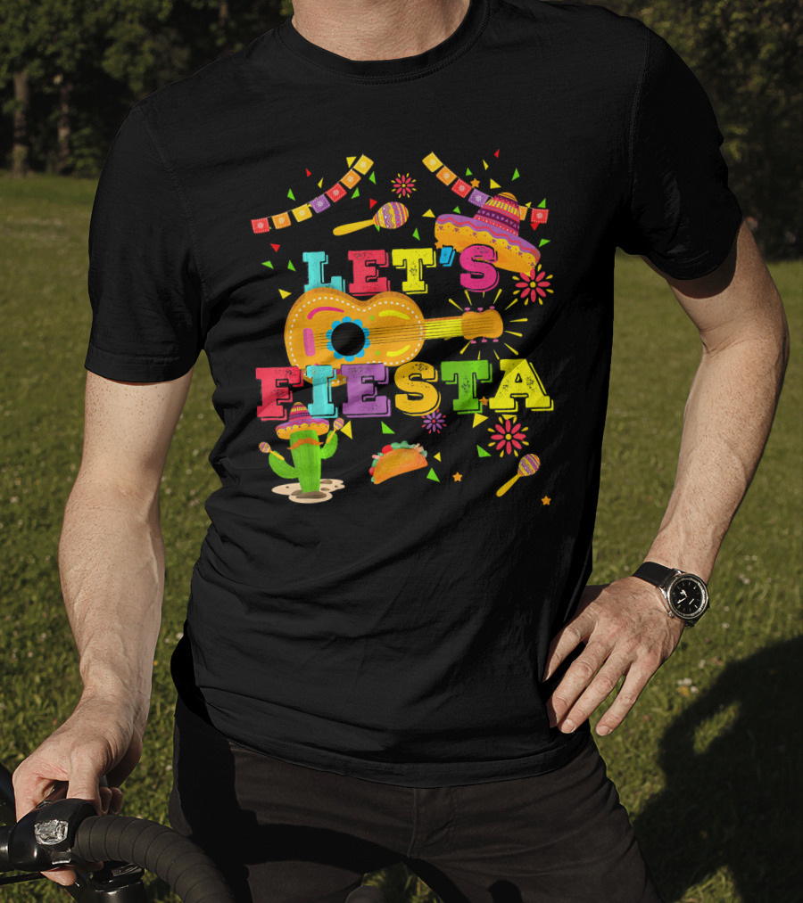 Let's Fiesta Cinco De Mayo Mexican Celebration Guitar Sombrero Maracas Taco Cactus Decorations T-Shirt