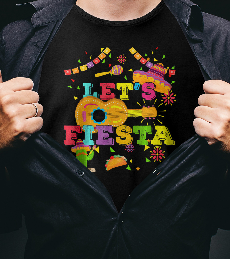 Let's Fiesta Cinco De Mayo Mexican Celebration Guitar Sombrero Maracas Taco Cactus Decorations T-Shirt