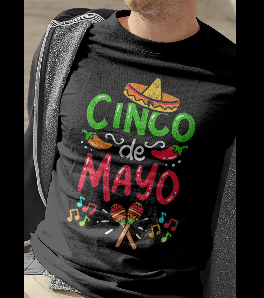 Cinco De Mayo Mexico Sombrero Maracas Peppers Music Notes T-Shirt