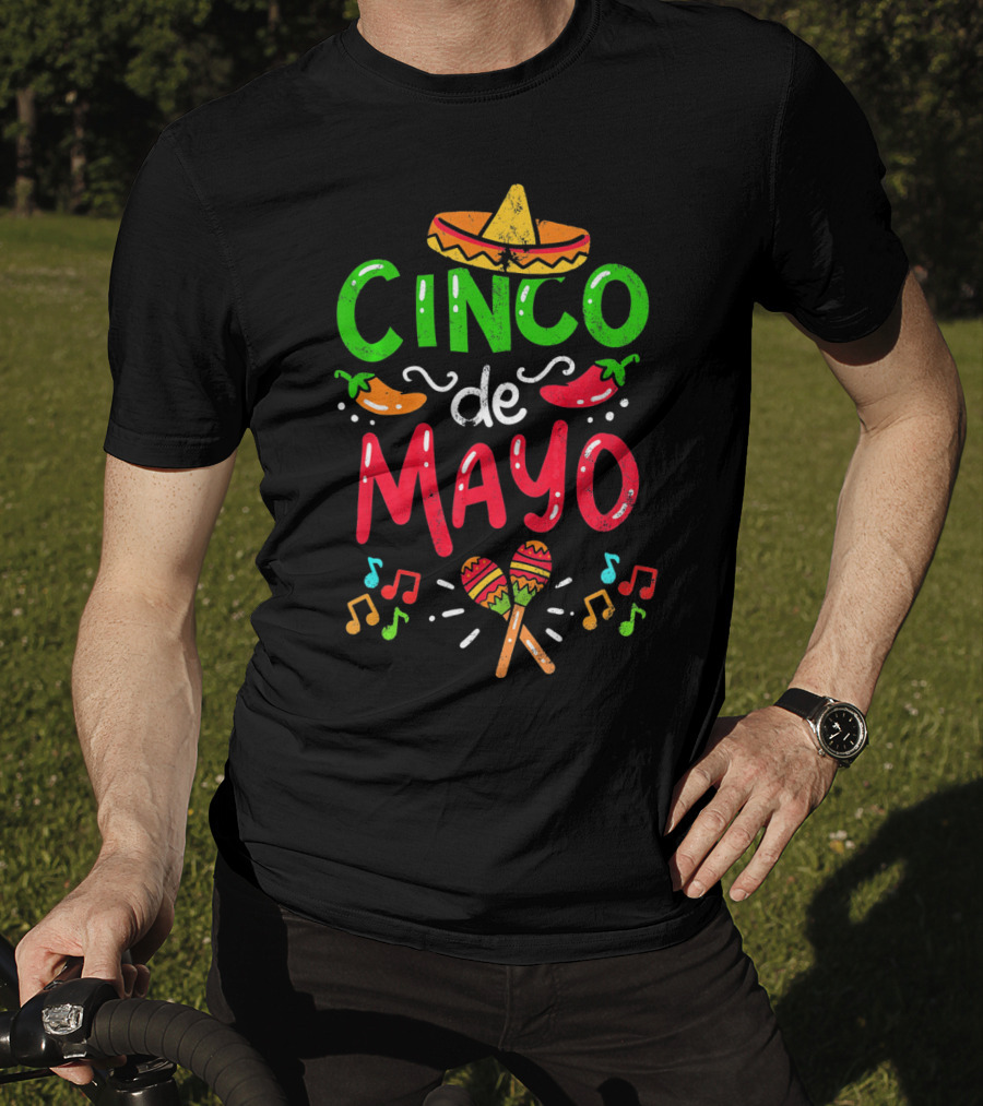 Cinco De Mayo Mexico Sombrero Maracas Peppers Music Notes T-Shirt