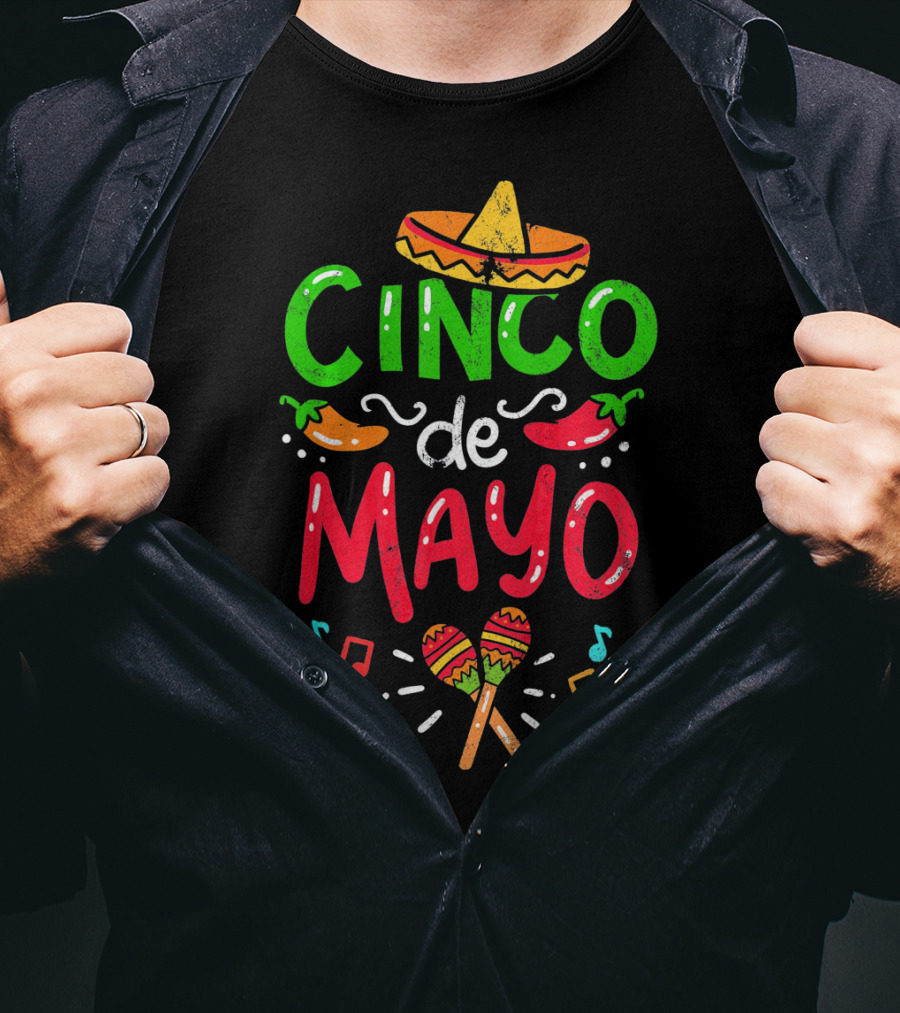 Cinco De Mayo Mexico Sombrero Maracas Peppers Music Notes T-Shirt