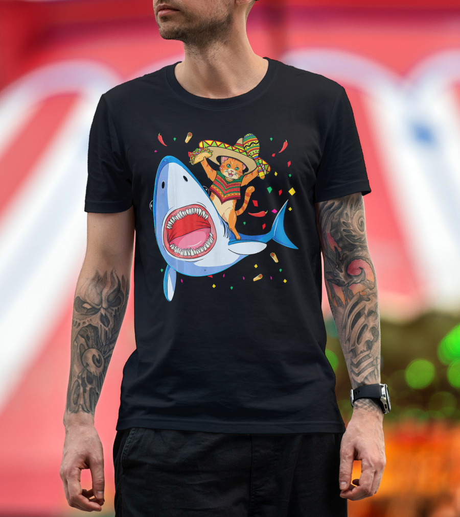Funny Taco Cat Riding Shark Cinco de Mayo Sombrero T-Shirt
