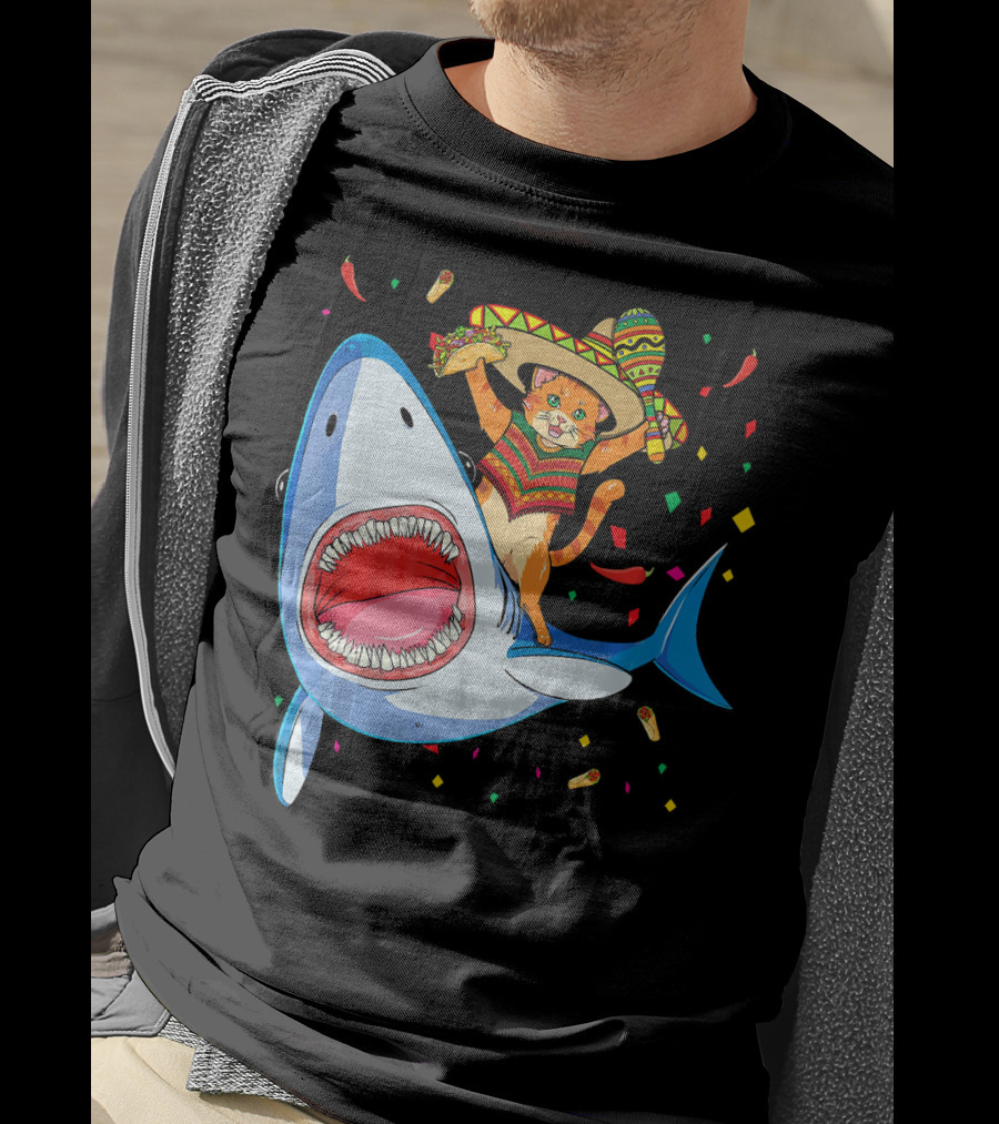 Funny Taco Cat Riding Shark Cinco De Mayo Sombrero T-Shirt