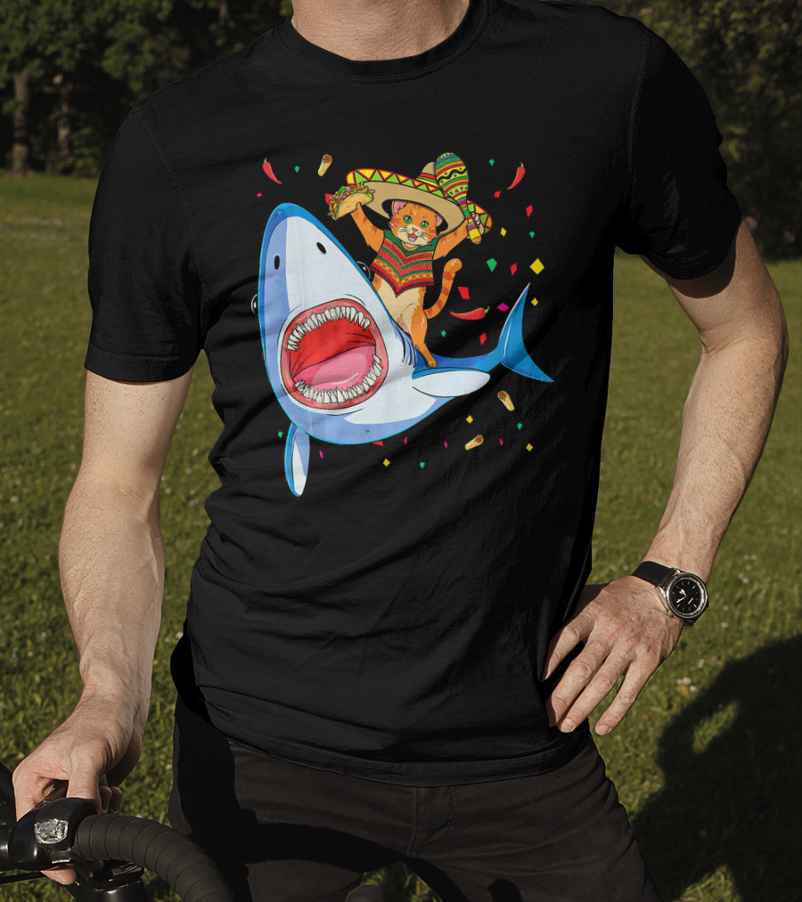 Funny Taco Cat Riding Shark Cinco De Mayo Sombrero T-Shirt