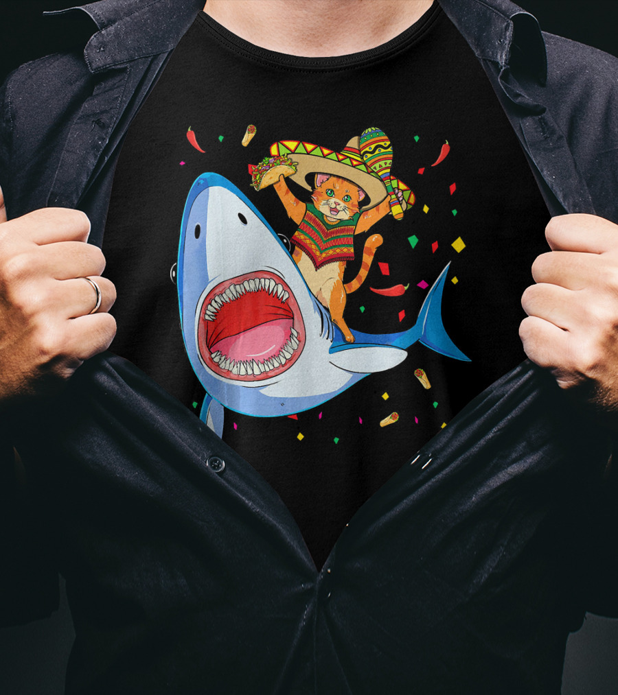 Funny Taco Cat Riding Shark Cinco De Mayo Sombrero T-Shirt
