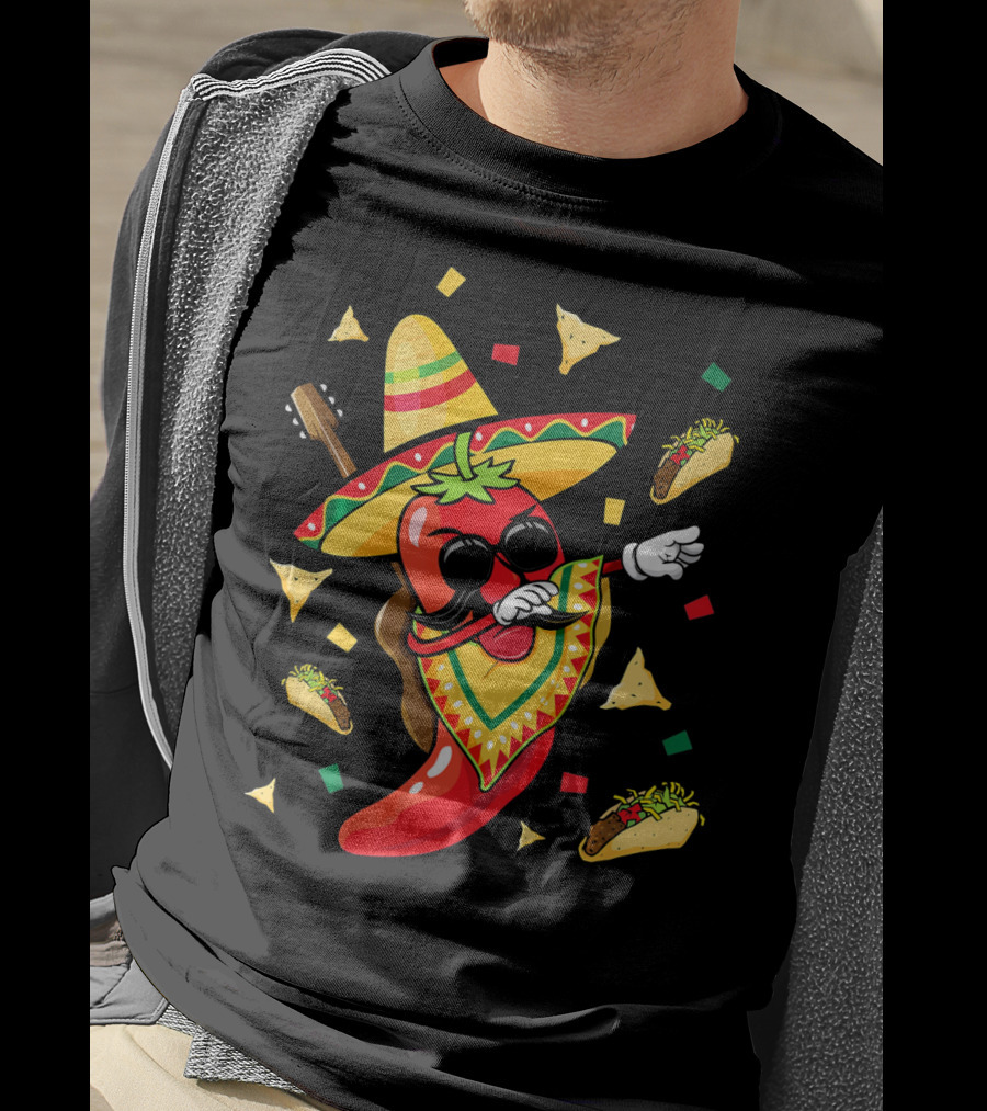 Mexican Sombrero Dabbing Jalapeno With Tacos And Nachos Fiesta Explosion T-Shirt