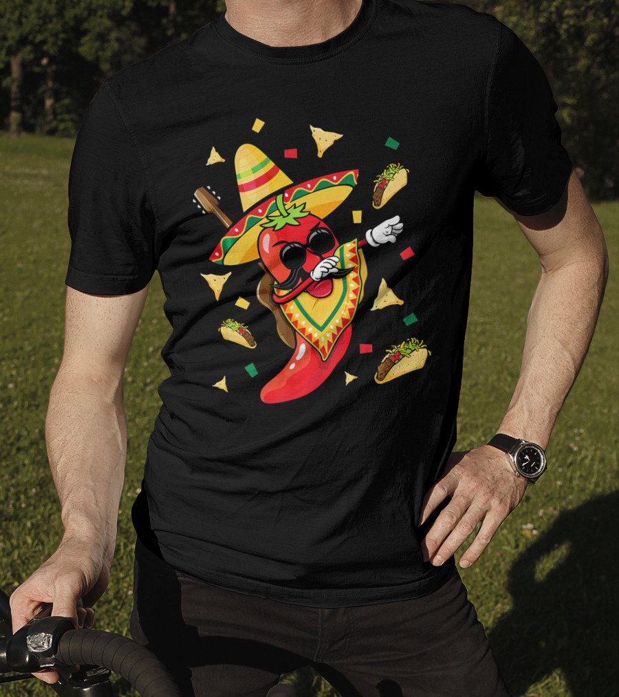 Mexican Sombrero Dabbing Jalapeno With Tacos And Nachos Fiesta Explosion T-Shirt