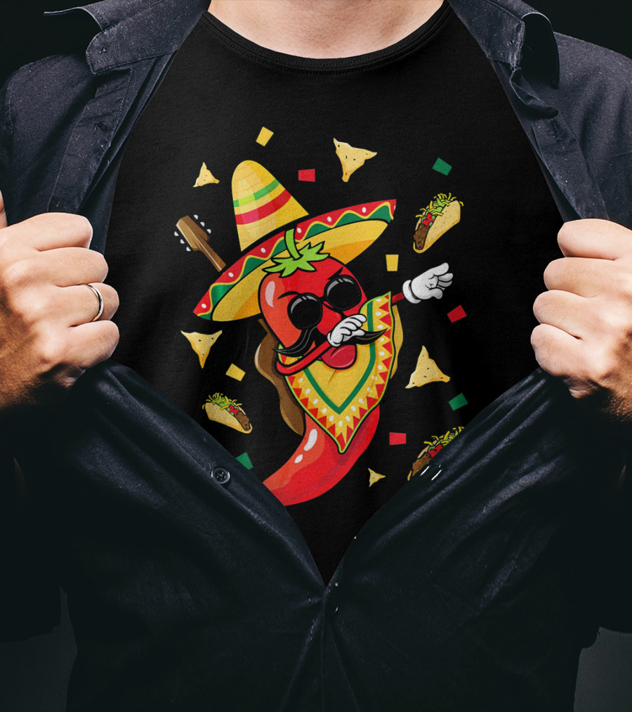 Mexican Sombrero Dabbing Jalapeno With Tacos And Nachos Fiesta Explosion T-Shirt