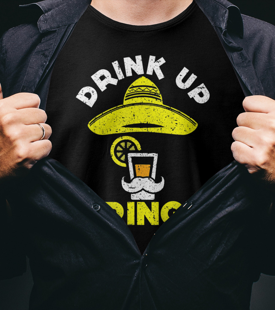 Drink Up Gringo Sombrero Beer Mustache Lime T-Shirt