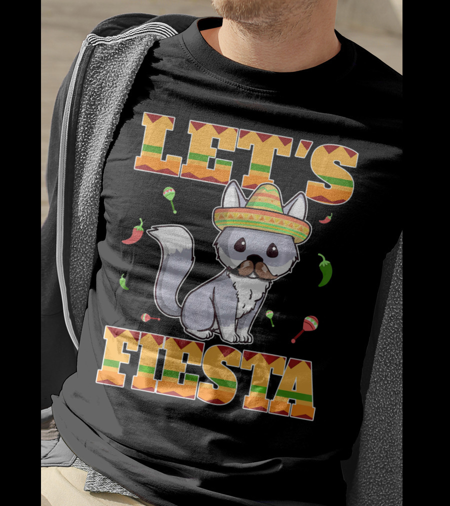 Let's Fiesta Kitty Cat Cinco De Mayo Mexi Sombrero Peppers Maracas T-Shirt