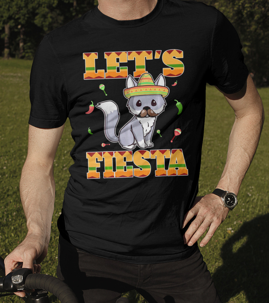 Let's Fiesta Kitty Cat Cinco De Mayo Mexi Sombrero Peppers Maracas T-Shirt