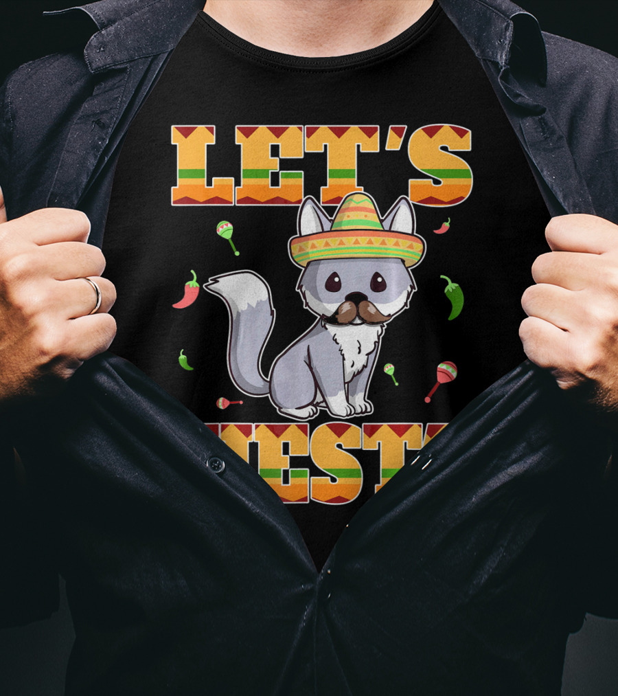 Let's Fiesta Kitty Cat Cinco De Mayo Mexi Sombrero Peppers Maracas T-Shirt
