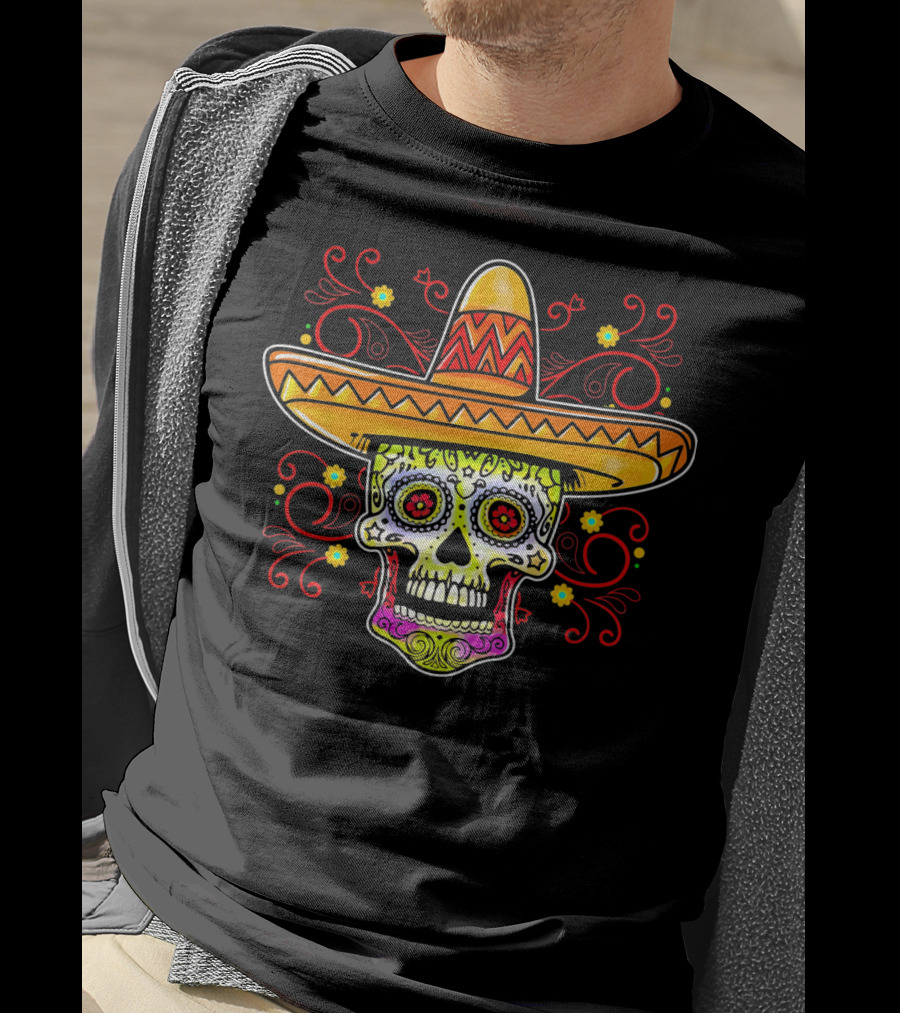 Sugar Skull Sombrero Colorful Floral T-Shirt