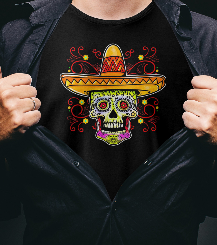 Sugar Skull Sombrero Colorful Floral T-Shirt
