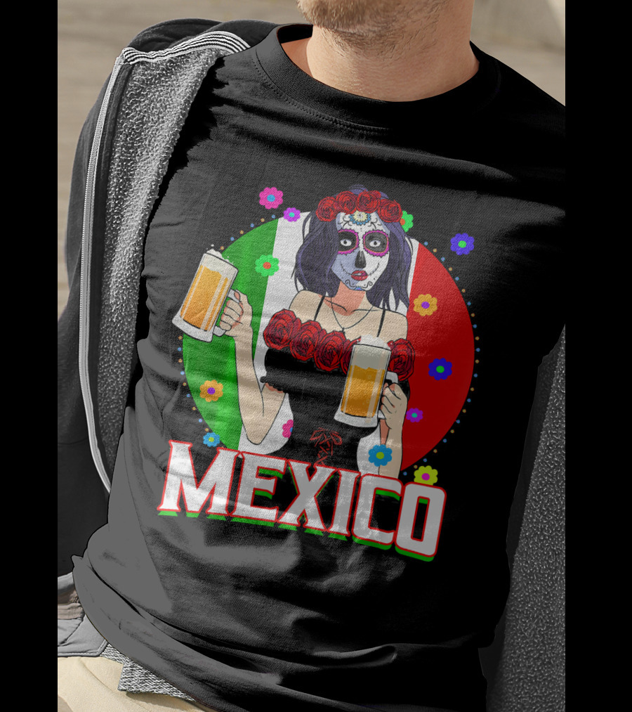 Cinco De Mayo Sugar Skull Woman Holding Beers Mexico Flag T-Shirt