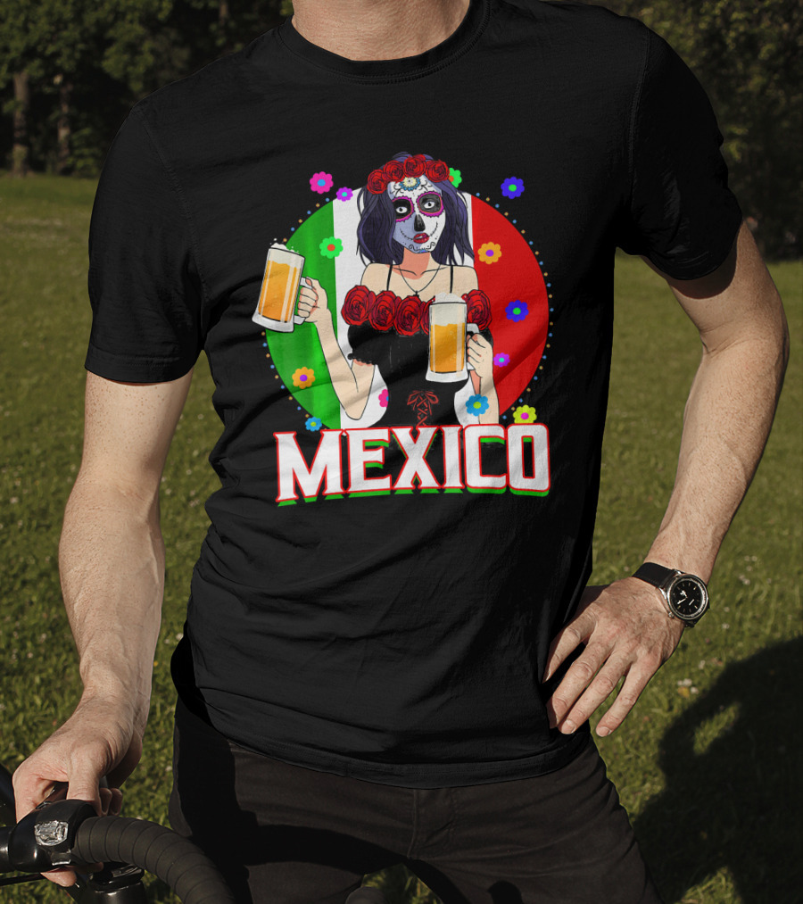 Cinco De Mayo Sugar Skull Woman Holding Beers Mexico Flag T-Shirt