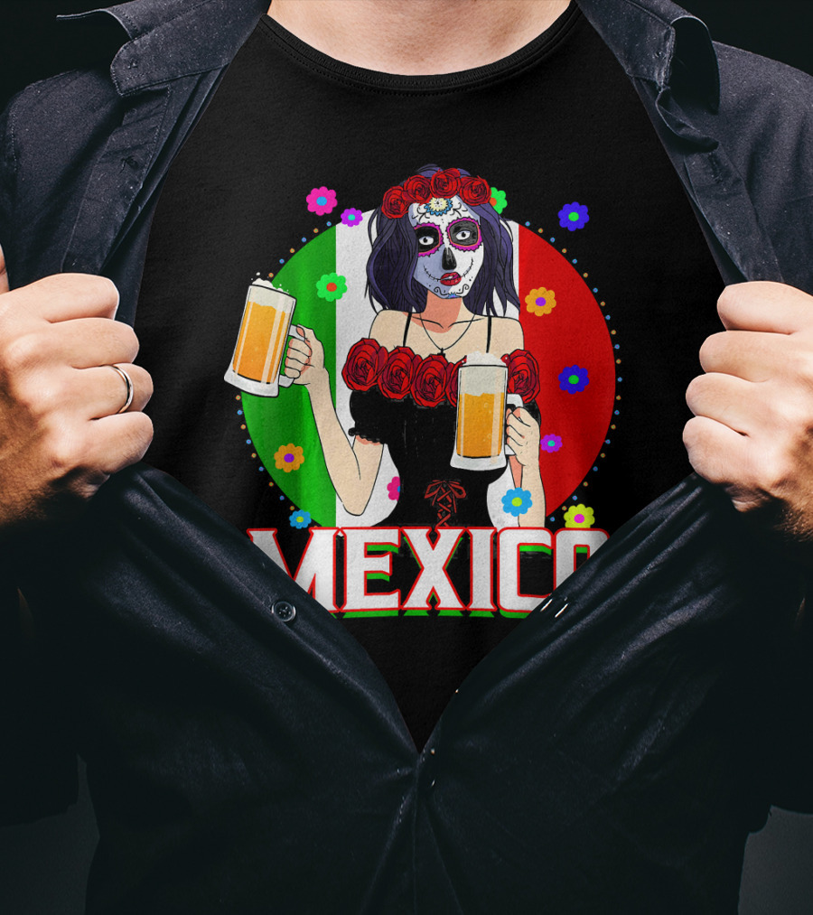 Cinco De Mayo Sugar Skull Woman Holding Beers Mexico Flag T-Shirt