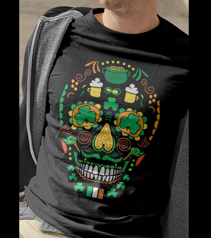 Shamrock Sugar Skull Irish Cinco De Mayo T-Shirt