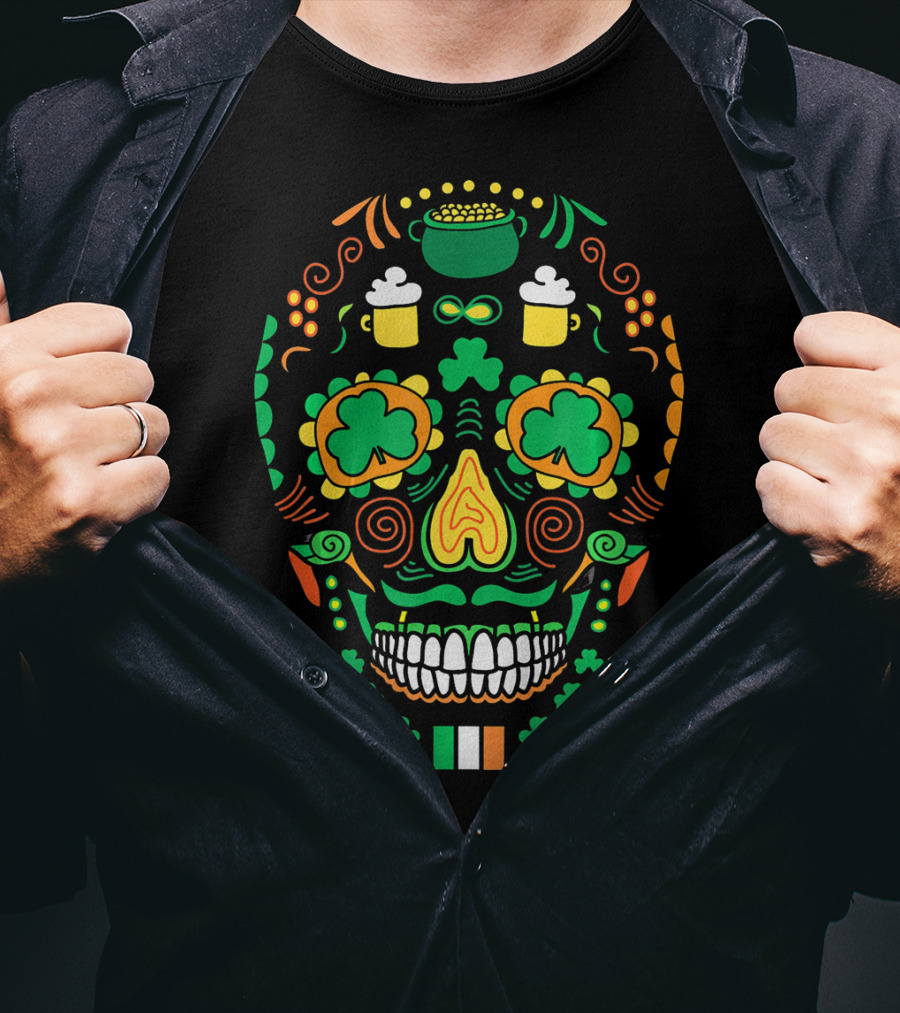 Shamrock Sugar Skull Irish Cinco De Mayo T-Shirt