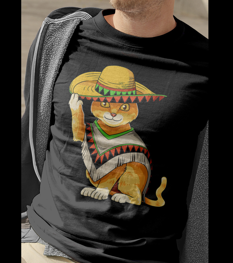 Mexican Cat Cinco De Mayo Cat Poncho Sombrero Fiesta T-Shirt