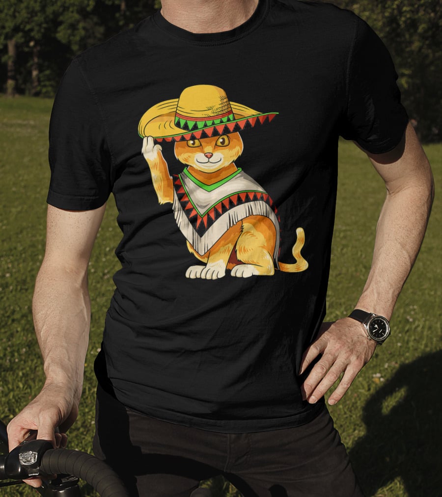 Mexican Cat Cinco De Mayo Cat Poncho Sombrero Fiesta T-Shirt