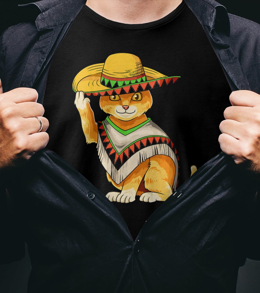 Mexican Cat Cinco De Mayo Cat Poncho Sombrero Fiesta T-Shirt