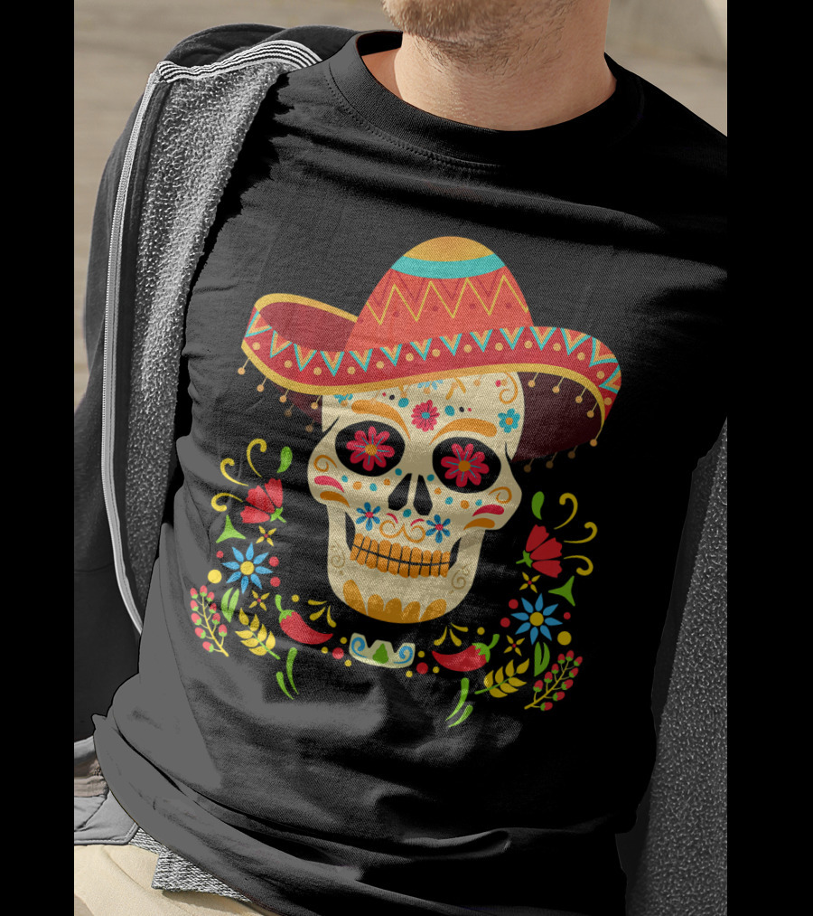 Day Of The Dead Skull Cinco De Mayo Sombrero Floral Fiesta T-Shirt