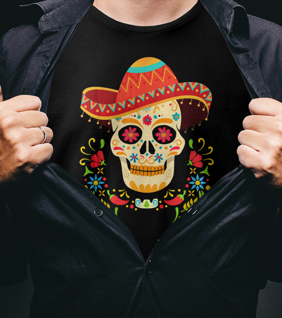 Day Of The Dead Skull Cinco De Mayo Sombrero Floral Fiesta T-Shirt