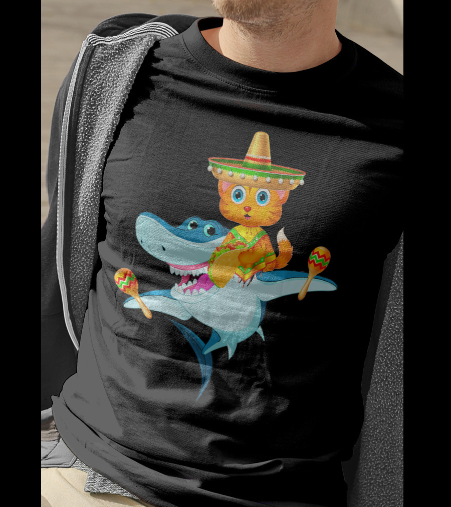 Funny Cinco De Mayo Cat Riding A Shark Sombrero Maracas Fiesta T-Shirt