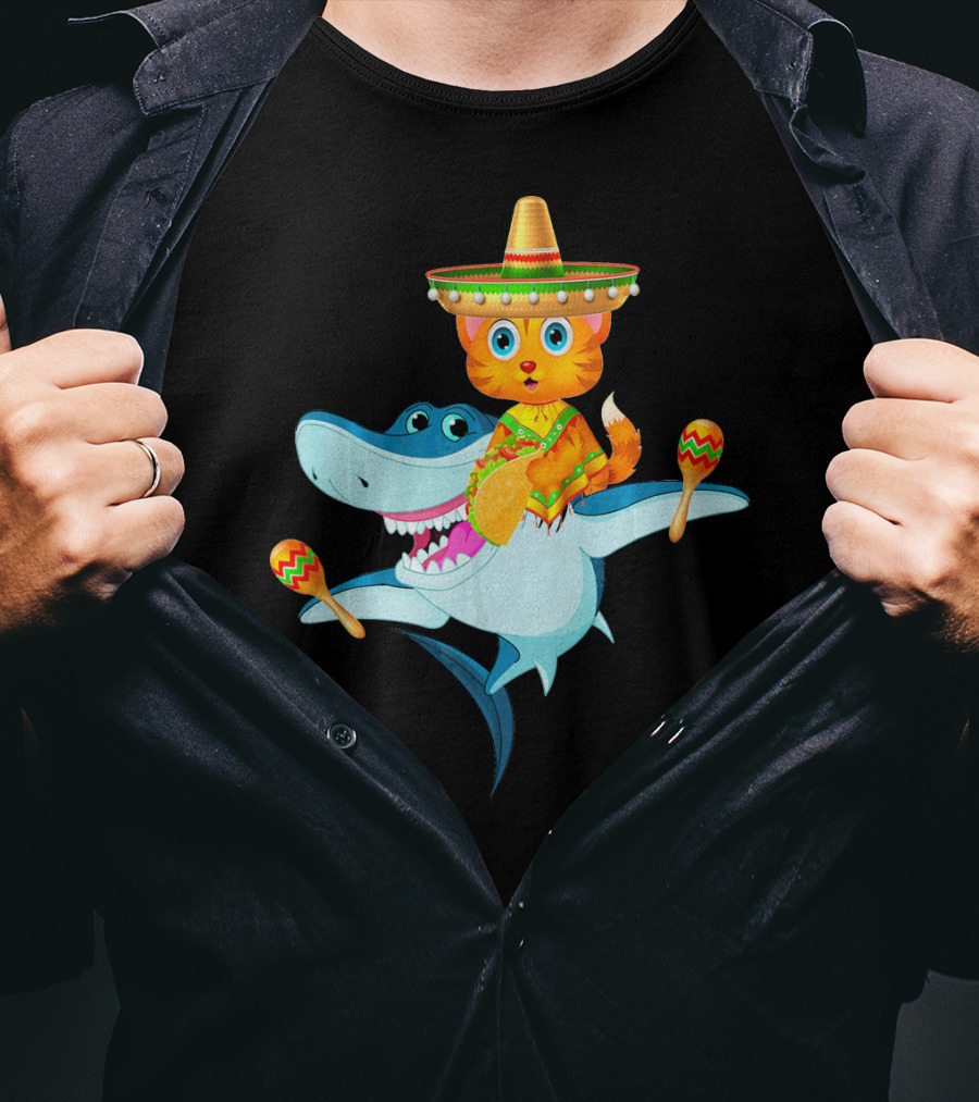 Funny Cinco De Mayo Cat Riding A Shark Sombrero Maracas Fiesta T-Shirt