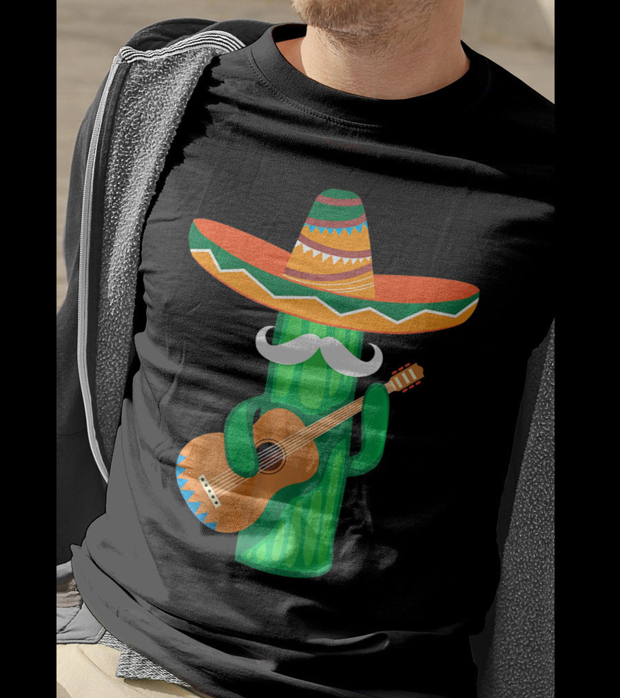 Mustache Cactus Sombrero Playing Guitar T-Shirt