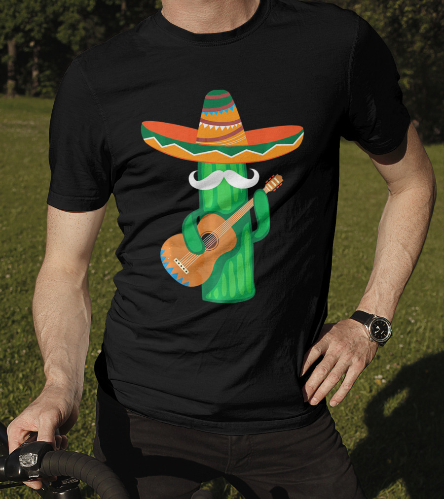 Mustache Cactus Sombrero Playing Guitar T-Shirt
