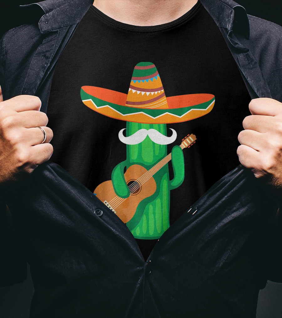 Mustache Cactus Sombrero Playing Guitar T-Shirt