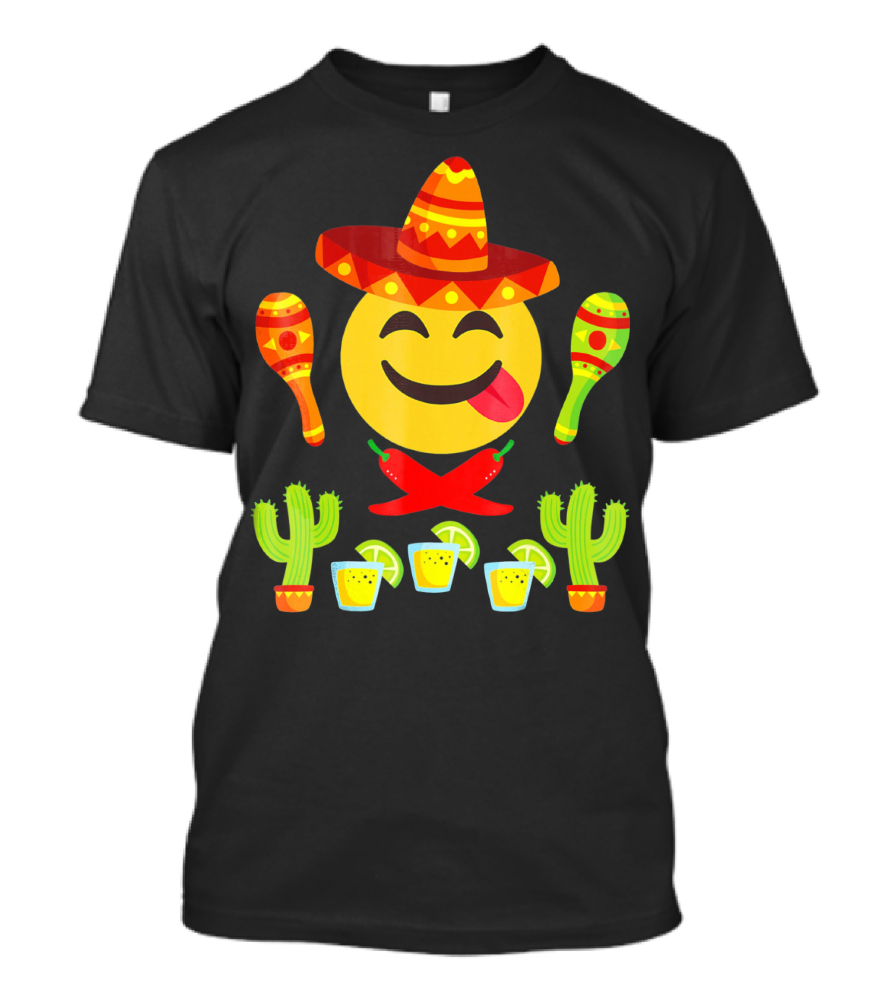 Cinco De Mayo Emoji Tongue Sombrero Cactus Maracas Peppers Lime Shots T-Shirt