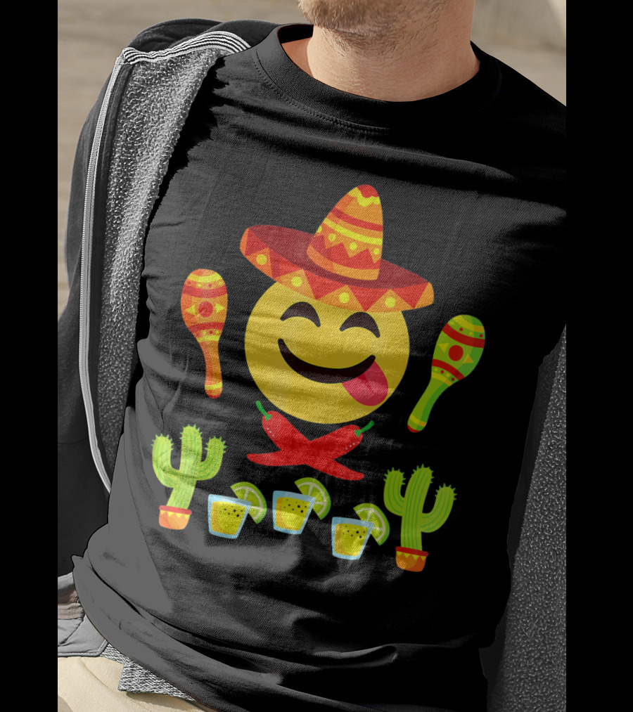 Cinco De Mayo Emoji Tongue Sombrero Cactus Maracas Peppers Lime Shots T-Shirt