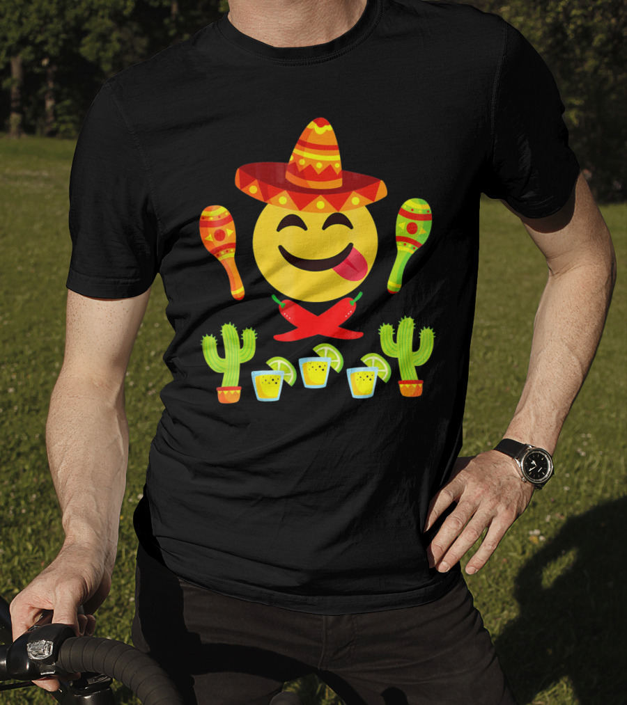 Cinco De Mayo Emoji Tongue Sombrero Cactus Maracas Peppers Lime Shots T-Shirt